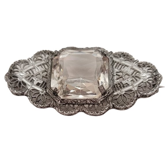 Silver Tone Rhodium Plated Art Deco Clear Rhinestone Filigree Brooch Pin E199 - Picture 2 of 9